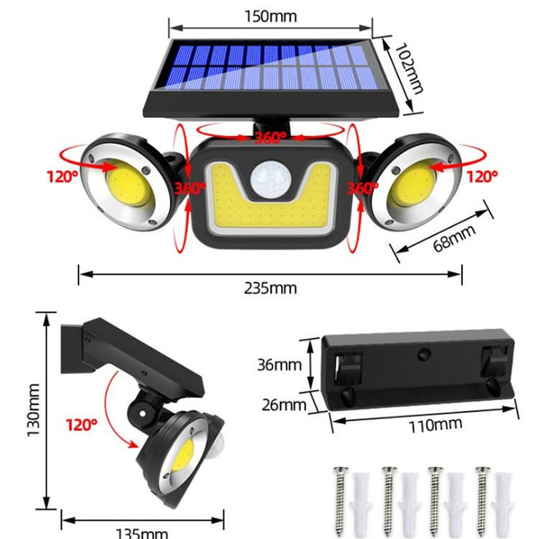 16W Solar Three-head Wall Lamp Outdoor Waterproof Human Body Induction Courtyard Wall Lamp