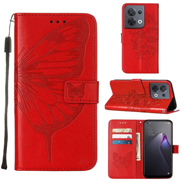 OPPO Reno8 Embossed Butterfly Flip Leather Phone Case(Red)