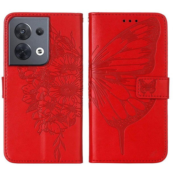 OPPO Reno8 Embossed Butterfly Flip Leather Phone Case(Red)