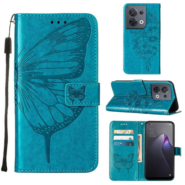 OPPO Reno8 Embossed Butterfly Flip Leather Phone Case(Blue)