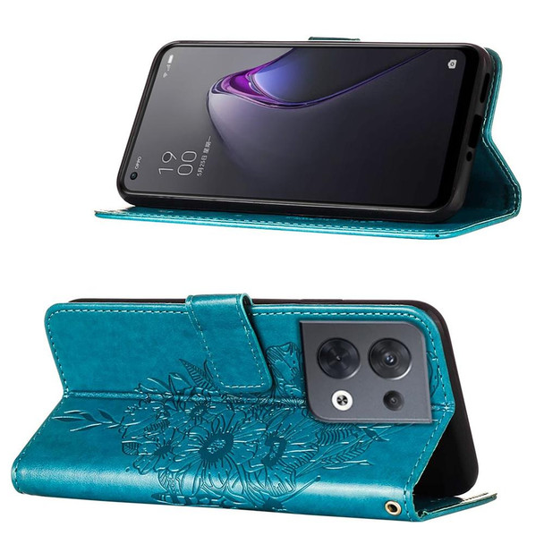 OPPO Reno8 Embossed Butterfly Flip Leather Phone Case(Blue)