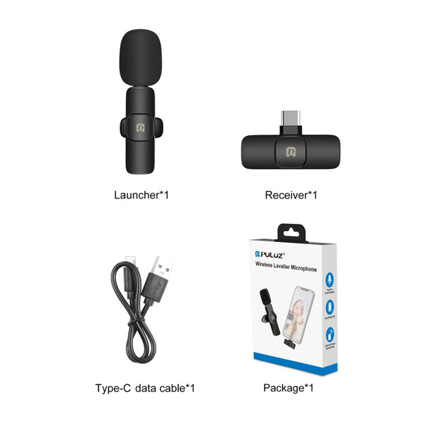 PULUZ Wireless Lavalier Microphone for Type-C / USB-C Device, Support Phone Charging(Black)