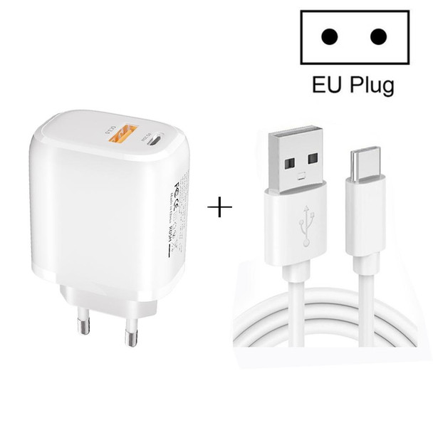 CS-20W Mini Portable PD3.0 + QC3.0 Dual Ports Fast Charger with 3A USB to Type-C Data Cable(EU Plug)