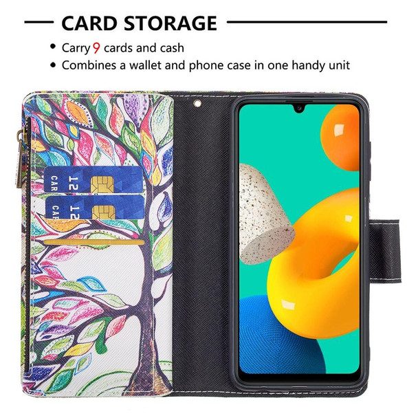 Samsung Galaxy M32 Colored Drawing Pattern Zipper Horizontal Flip Leather Case with Holder & Card Slots & Wallet(Tree)