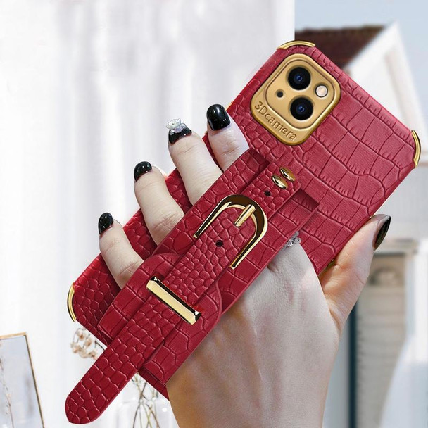 Electroplated TPU Crocodile Pattern Leatherette Case with Wrist Strap - iPhone 13(Red)