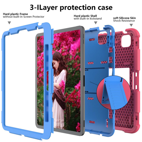 iPad Air 2022 / 2020 10.9 Shockproof Two-Color Silicone Protective Case with Holder(Rose Red + Blue)