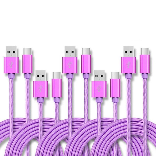 5 PCS USB to USB-C / Type-C Nylon Braided Charging Data Transmission Cable, Cable Length:2m(Purple)