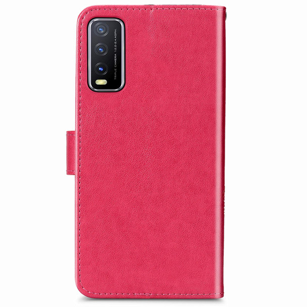 vivo Y20 Four-leaf Clasp Embossed Buckle Mobile Phone Protection Leather Case with Lanyard & Card Slot & Wallet & Bracket Function(Magenta)