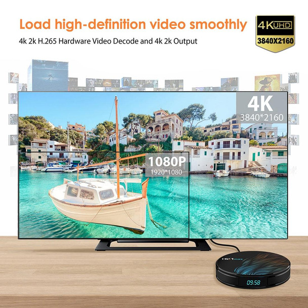 HK1max 4K UHD Smart TV Box with Remote Controller, Android 9.0 RK3318 Quad-Core 64bit Cortex-A53, 4GB+64GB, Support Dual Band WiFi & AV & HDMI & RJ45 & TF Card(Black)