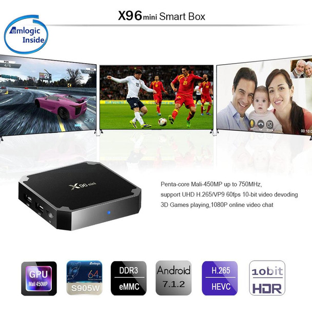 X96 mini 4K*2K UHD Output Smart TV BOX Player with Remote Controller without Wall Mount, Android 7.1.2 Amlogic S905W Quad Core ARM Cortex A53 2GHz, RAM: 2GB, ROM: 16GB, Supports WiFi, HDMI, TF(Black)