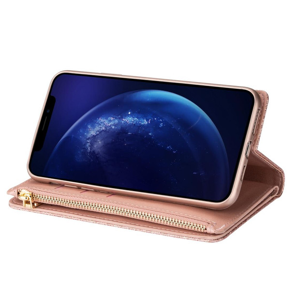 Samsung Galaxy S10e Multi-card Slots Starry Sky Laser Carving Glitter Zipper Horizontal Flip Leather Case with Holder & Wallet & Lanyard(Rose Gold)