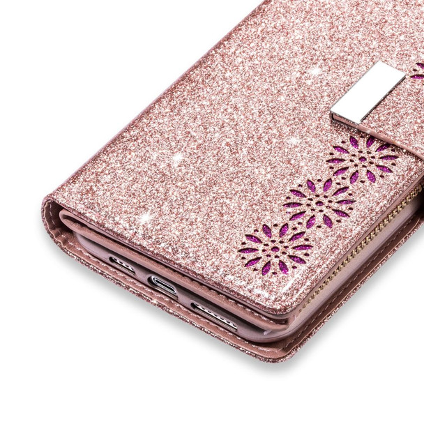 Samsung Galaxy S10e Multi-card Slots Starry Sky Laser Carving Glitter Zipper Horizontal Flip Leather Case with Holder & Wallet & Lanyard(Rose Gold)