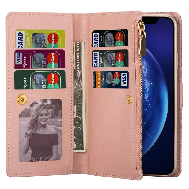 Samsung Galaxy S10e Multi-card Slots Starry Sky Laser Carving Glitter Zipper Horizontal Flip Leather Case with Holder & Wallet & Lanyard(Rose Gold)