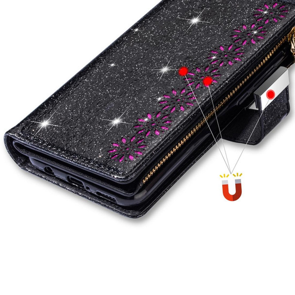 Samsung Galaxy S10e Multi-card Slots Starry Sky Laser Carving Glitter Zipper Horizontal Flip Leather Case with Holder & Wallet & Lanyard(Black)