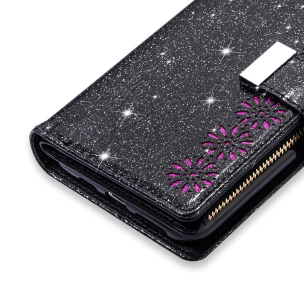 Samsung Galaxy S10e Multi-card Slots Starry Sky Laser Carving Glitter Zipper Horizontal Flip Leather Case with Holder & Wallet & Lanyard(Black)