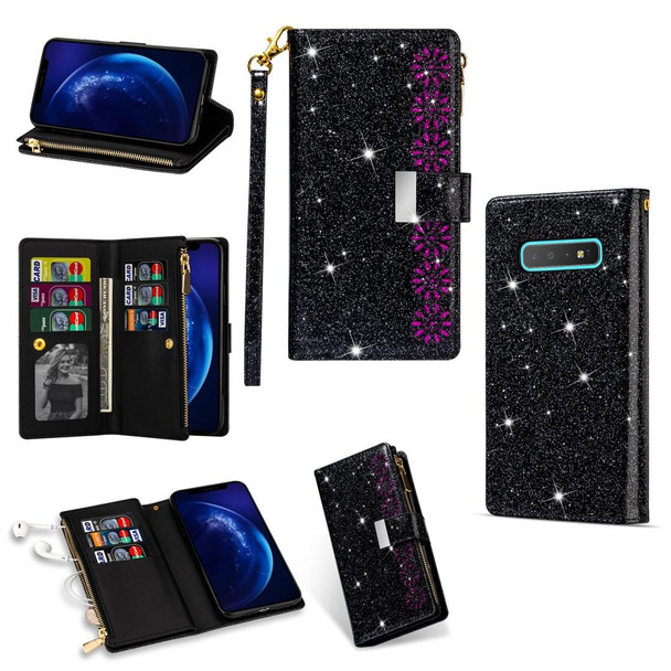 Samsung Galaxy S10e Multi-card Slots Starry Sky Laser Carving Glitter Zipper Horizontal Flip Leather Case with Holder & Wallet & Lanyard(Black)