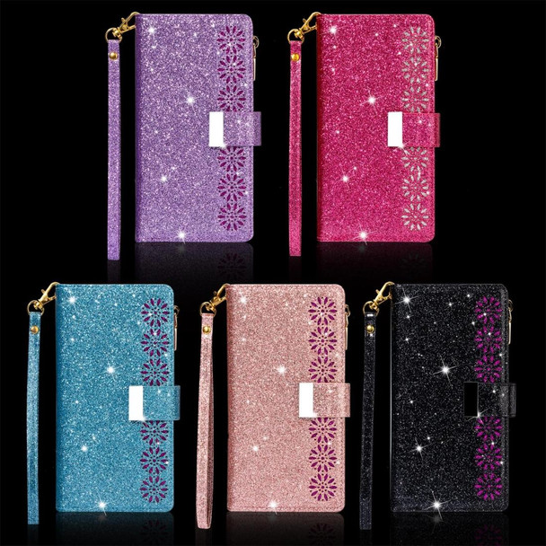 Samsung Galaxy S10e Multi-card Slots Starry Sky Laser Carving Glitter Zipper Horizontal Flip Leather Case with Holder & Wallet & Lanyard(Black)