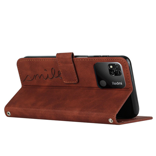 Xiaomi Redmi 10A Skin Feel Heart Pattern Leather Phone Case with Lanyard(Brown)