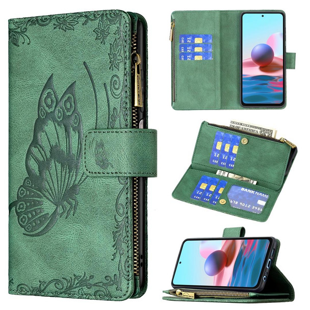 Xiaomi Redmi Note 10 4G Flying Butterfly Embossing Pattern Zipper Horizontal Flip Leather Case with Holder & Card Slots & Wallet(Green)