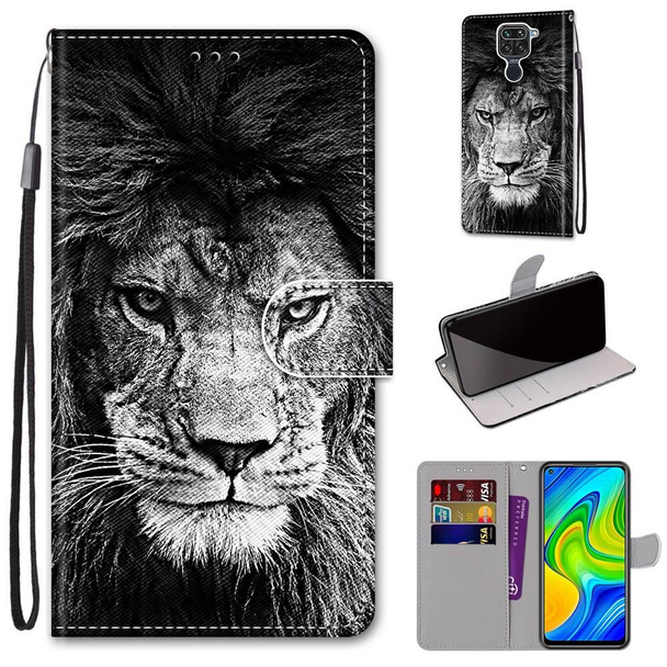 Xiaomi Redmi Note 9 / 10X 4G Coloured Drawing Cross Texture Horizontal Flip PU Leather Case with Holder & Card Slots & Wallet & Lanyard(Black White Lion Head)