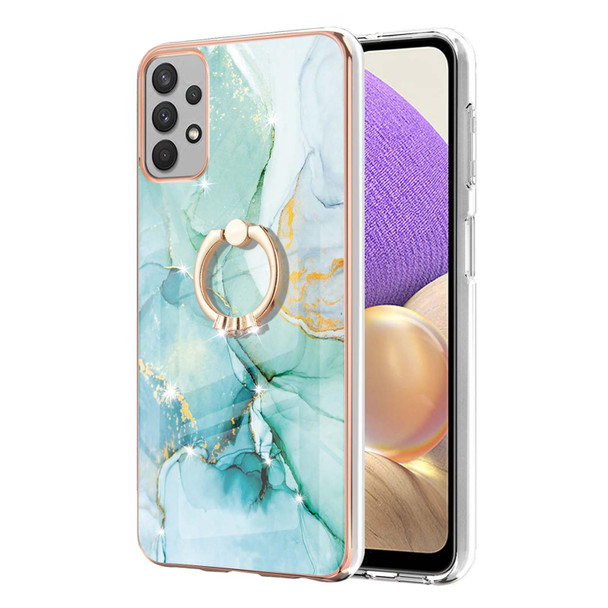 Samsung Galaxy A32 5G Electroplating Marble Pattern IMD TPU Shockproof Case with Ring Holder(Green 003)