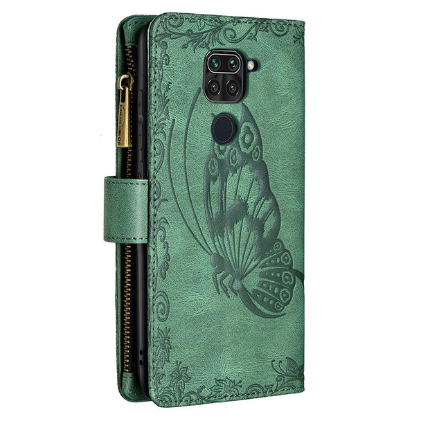 Xiaomi Redmi Note 9 Flying Butterfly Embossing Pattern Zipper Horizontal Flip Leather Case with Holder & Card Slots & Wallet(Green)