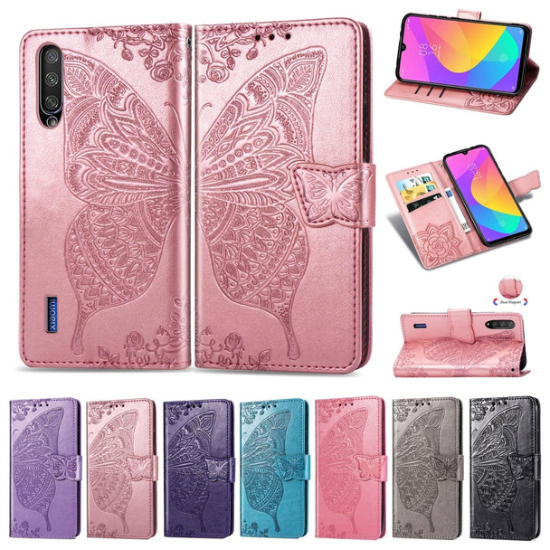 Butterfly Love Flowers Embossing Horizontal Flip Leatherette Case - Xiaomi Mi CC9e  with Holder & Card Slots & Wallet & Lanyard(Gray)