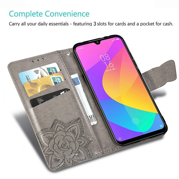 Butterfly Love Flowers Embossing Horizontal Flip Leatherette Case - Xiaomi CC9 with Holder & Card Slots & Wallet & Lanyard(Blue)