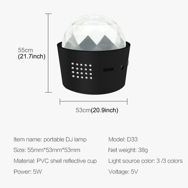 D33 5W USB Charging RGB Car Decoration Portable DJ Light Sound Activated Rotating Strobe Effect Atmosphere Light Star Music Light Lamp, DC 5V