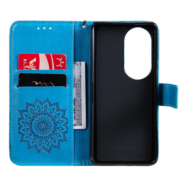 Huawei P50 Pro Sun Embossing Pattern Horizontal Flip Leather Case with Card Slot & Holder & Wallet & Lanyard(Blue)