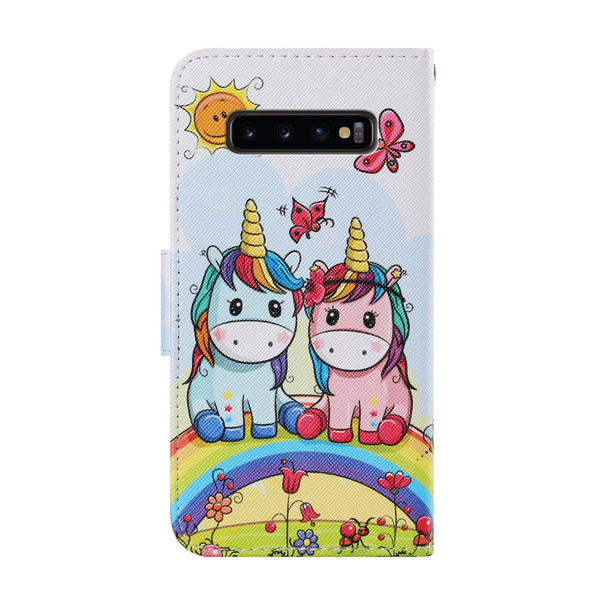 Samsung Galaxy S10 Plus Coloured Drawing Pattern Horizontal Flip PU Leather Case with Holder & Card Slots & Wallet & Lanyard(Couple Unicorn)