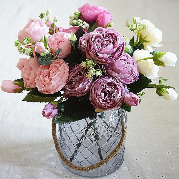 Beautiful Rose Peony Artificial Silk Flowers Small Bouquet Fores Home Party Spring Wedding Decoration Fake Flower(Dark Pink)