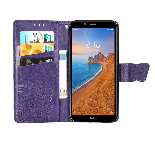 Butterfly Love Flowers Embossing Horizontal Flip Leatherette Case - Xiaomi Redmi 7A with Holder & Card Slots & Wallet & Lanyard(Dark purple)