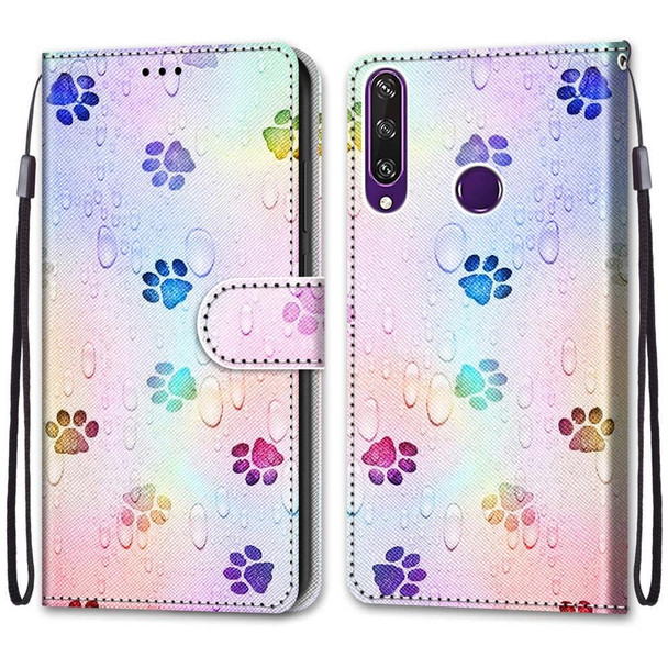 Huawei Y6p Coloured Drawing Cross Texture Horizontal Flip PU Leather Case with Holder & Card Slots & Wallet & Lanyard(Footprint Water Drops)