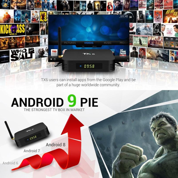 TX6 HD TV Box Media Player, Android 7.1 / 9.0 System, Allwinner H6, up to 1.5GHz, Quad-core ARM Cortex-A53, 4GB + 32GB, Support Bluetooth, WiFi, RJ45, EU Plug