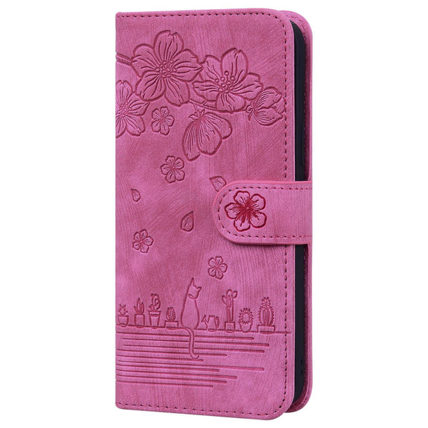 Cartoon Sakura Cat Embossed Leatherette Case - iPhone 12 / 12 Pro(Rose Red)