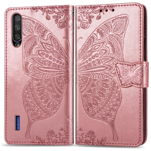Butterfly Love Flowers Embossing Horizontal Flip Leatherette Case - Xiaomi CC9 with Holder & Card Slots & Wallet & Lanyard(Rose gold)
