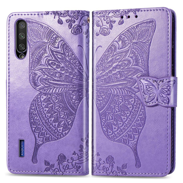 Butterfly Love Flowers Embossing Horizontal Flip Leatherette Case - Xiaomi CC9 with Holder & Card Slots & Wallet & Lanyard(Light purple)