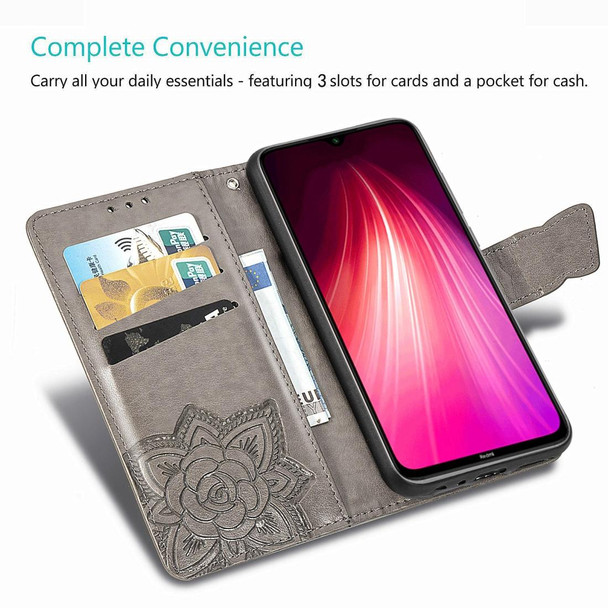 Xiaomi Redmi Note 8 Butterfly Love Flower Embossed Horizontal Flip Leather Case with Bracket / Card Slot / Wallet / Lanyard(Rose Gold)