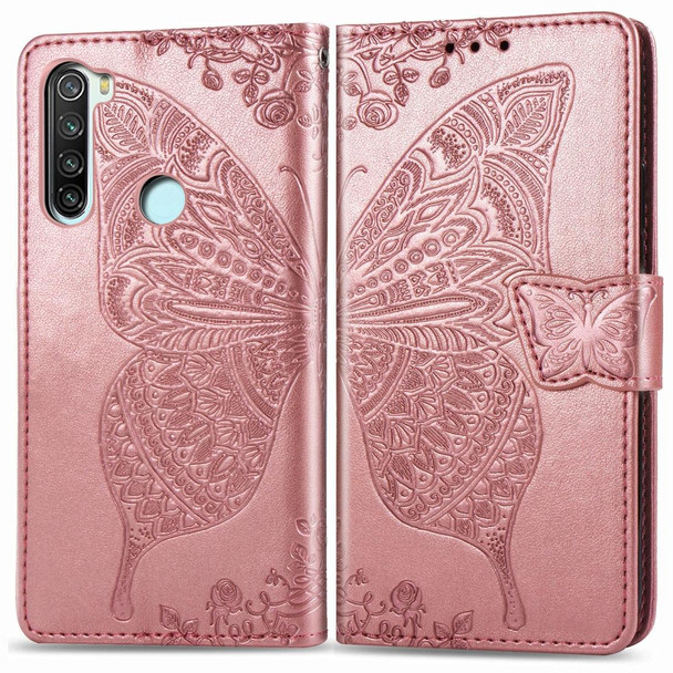 Xiaomi Redmi Note 8 Butterfly Love Flower Embossed Horizontal Flip Leather Case with Bracket / Card Slot / Wallet / Lanyard(Rose Gold)