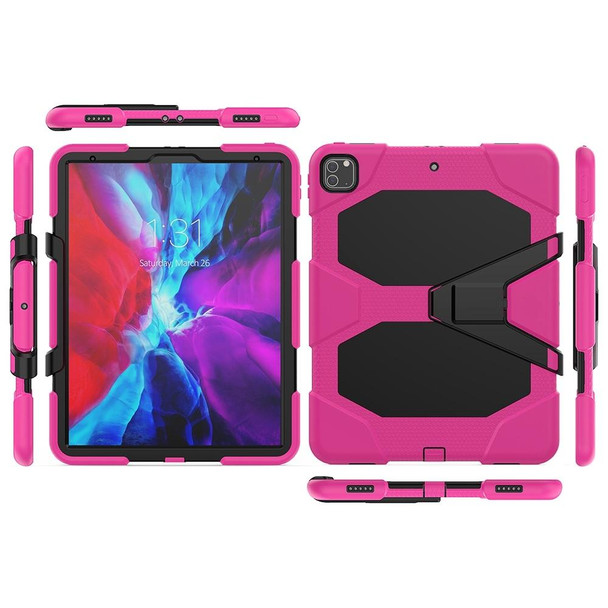 iPad Pro 12.9 inch (2020) Shockproof Colorful Silicon + PC Protective Tablet Case with Holder & Shoulder Strap & Hand Strap (Rose Red)