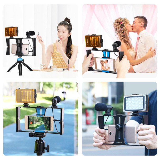 PULUZ 4 in 1 Vlogging Live Broadcast LED Selfie Light Smartphone Video Rig Kits with Microphone + Tripod Mount + Cold Shoe Tripod Head for iPhone, Galaxy, Huawei, Xiaomi, HTC, LG, Google, and Other S