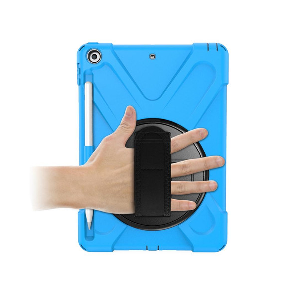 iPad 9.7 (2018) & (2017) 360 Degree Rotation Silicone Protective Cover with Holder & Hand Strap & Long Strap & Pencil Slot(Light Blue)