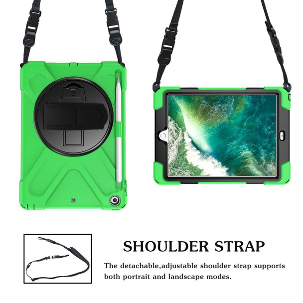 iPad 9.7 (2018) & (2017) 360 Degree Rotation Silicone Protective Cover with Holder & Hand Strap & Long Strap & Pencil Slot(Green)