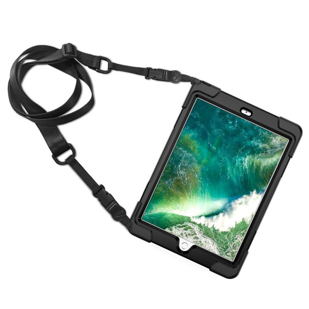 iPad 9.7 (2018) & (2017) 360 Degree Rotation Silicone Protective Cover with Holder & Hand Strap & Long Strap & Pencil Slot(Black)