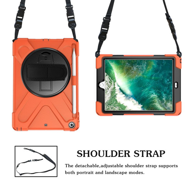 iPad 9.7 (2018) & (2017) 360 Degree Rotation Silicone Protective Cover with Holder & Hand Strap & Long Strap & Pencil Slot(Orange)