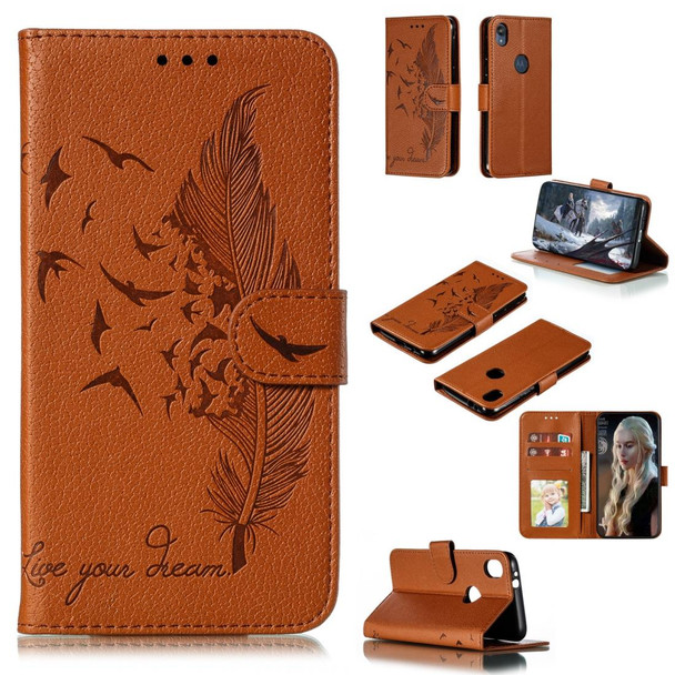 Feather Pattern Litchi Texture Horizontal Flip Leatherette Case with Wallet & Holder & Card Slots - Motorola Moto E6(Brown)