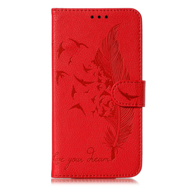 Feather Pattern Litchi Texture Horizontal Flip Leatherette Case with Wallet & Holder & Card Slots - Motorola Moto G7 Power(Red)