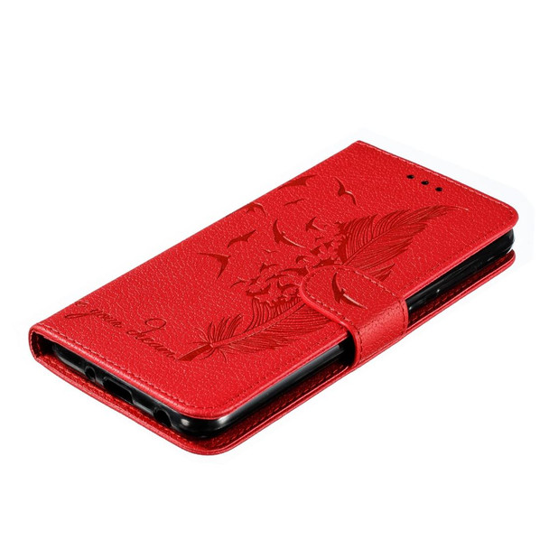 Feather Pattern Litchi Texture Horizontal Flip Leatherette Case with Wallet & Holder & Card Slots - Motorola One Pro(Red)