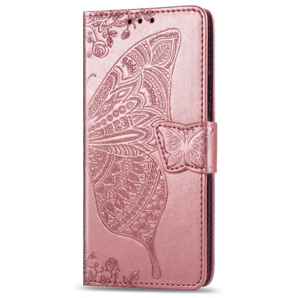 Butterfly Love Flowers Embossing Horizontal Flip Leatherette Case - Motorola P40 with Holder & Card Slots & Wallet & Lanyard(Rose gold)